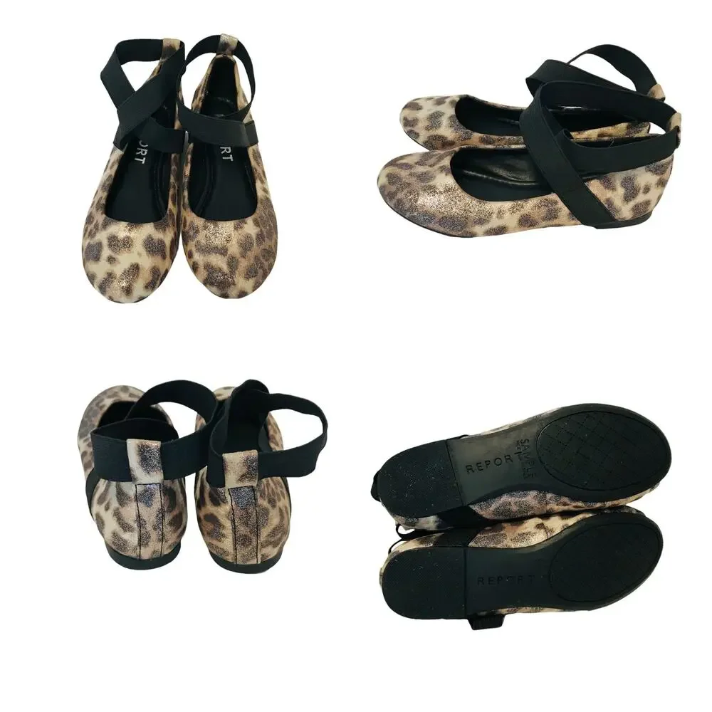 Report Girls Animal Print Ankle Elastic Wrap Strap Flats Size 12 NWOT